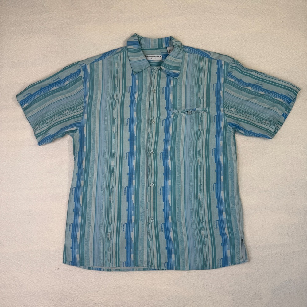 Vintage 90s Michael Brandon Silk Button Down Shirt Men's Large Blue Abstract Geo